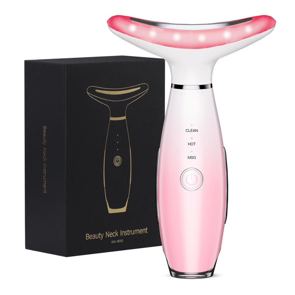 Pink Neck Face Massager With Heat Therapy Vibration, 3In1 Facial Sculpting Tool, Usb Rechargeable