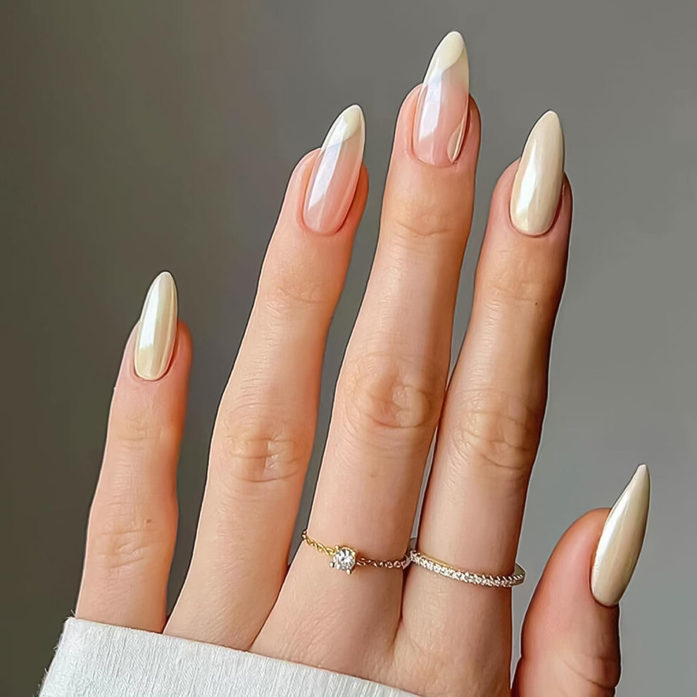 Almond Press On Nails Medium Length Glossy Swirl Design Fake Nails Natural Shape Acrylic 24pcs