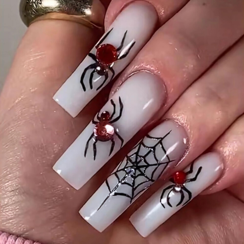 White,Red Press On Nails Long Coffin Fake Nails With White Spider And Red Rhinestones, Instant Salon Look