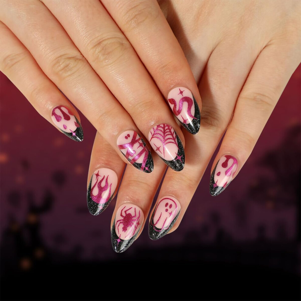 Halloween Short Almond Press On Nails with Ghost Spider Flame Design, Black Purple Fake Nails for Women 24Pcs