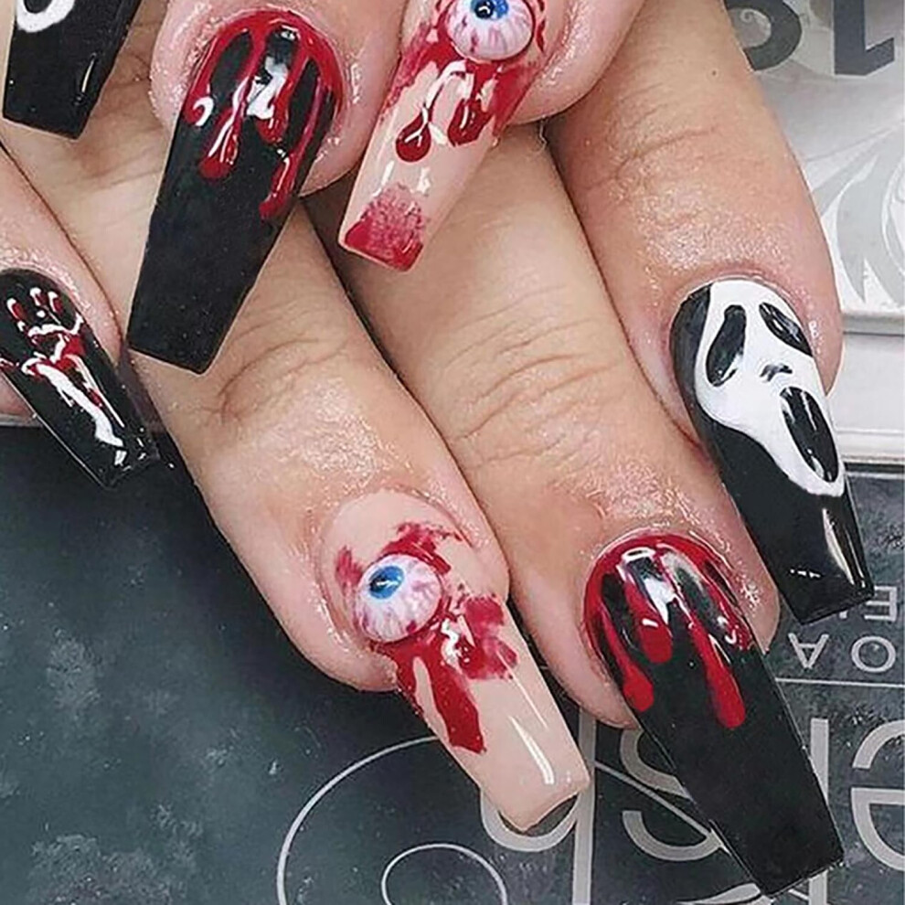 Black Halloween Press On Nails Coffin Fake Nails With Skull And Bloodstain Design 24Pcs Set