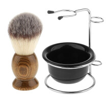 Shaving Brush Set with QuickDry Nylon Wood Brush, Stainless Steel Stand and Ergonomic Mug