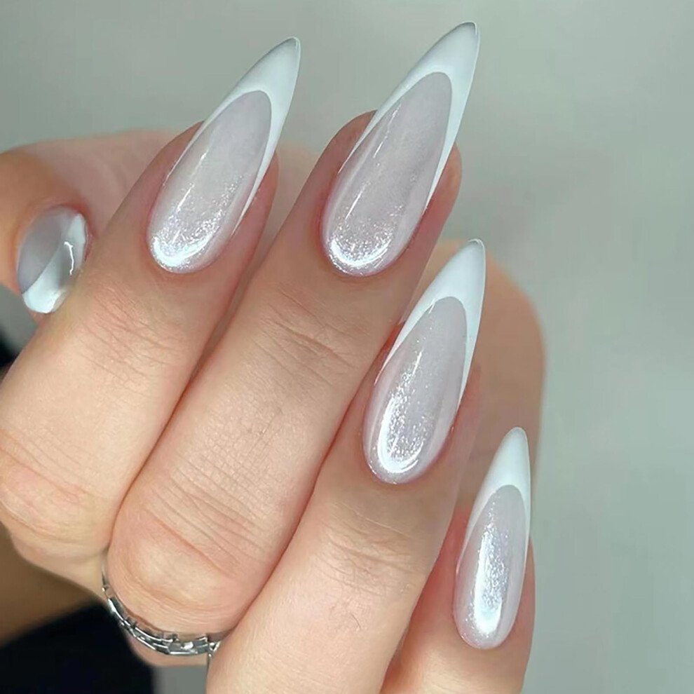 Press on Nails Long Stiletto French Tip Glitter Fake Nails with Glue 24pcs Acrylic False Nails Set