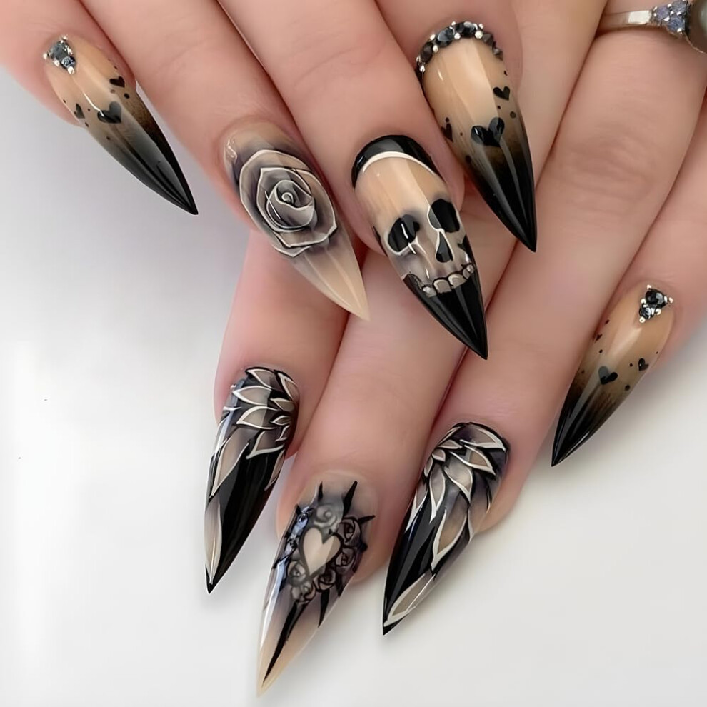 Halloween Press on Nails Long Almond Fake Nails with Flower Skull Design 24pcs DIY Manicure Kit