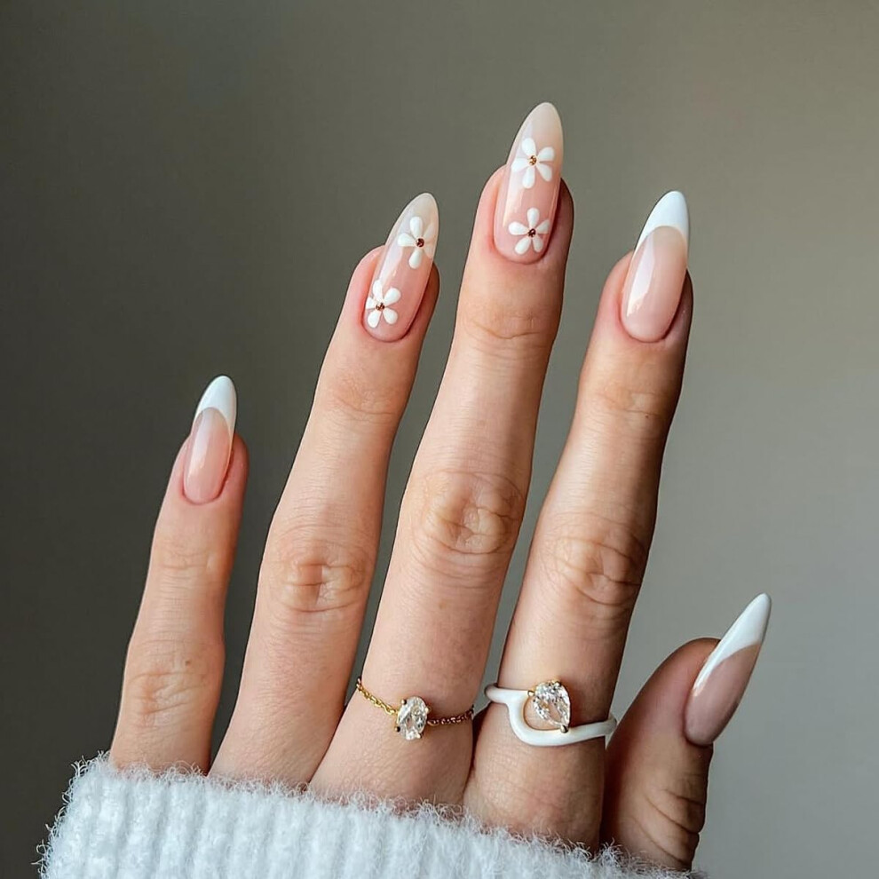 Medium Almond Press On Nails with Floral Design, Reusable Acrylic Fake Nails Set 24PCS for Women