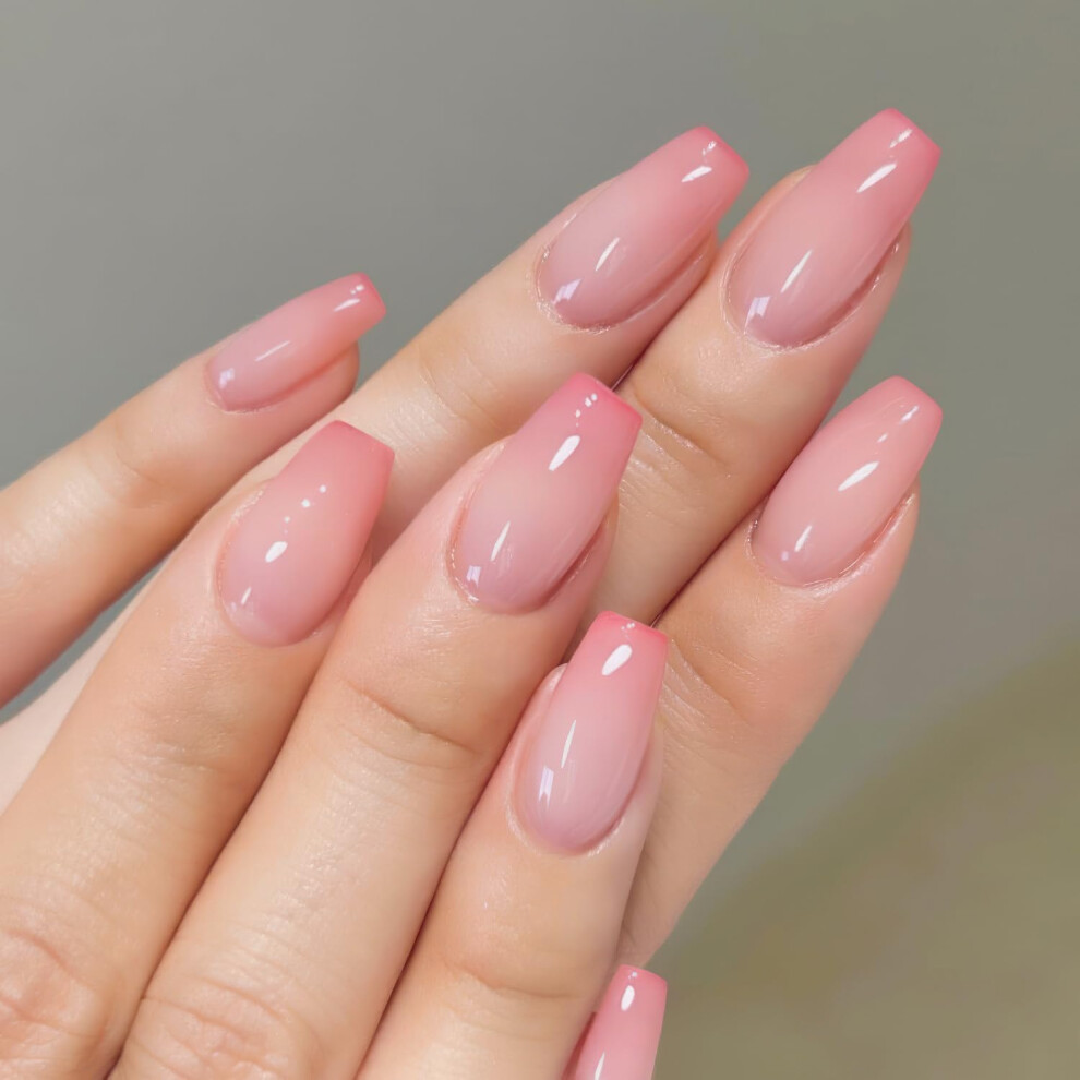 Pink Medium Coffin Press On Nails French Tip Ombre Acrylic 24Pcs Glue On Fake Nails For Women