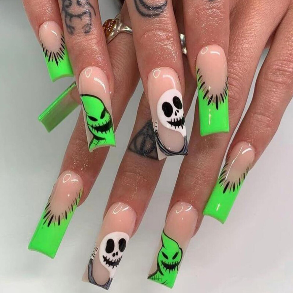 Green Halloween Press On Nails Long Coffin Shape Ghost Design French Tips With Glue 24Pcs