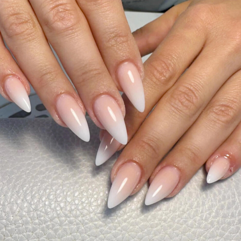 White Medium Almond Press On Nails Ombre French Tip Stiletto Fake Nails 24Pcs Glossy Acrylic For Women