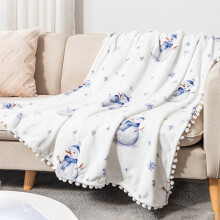 LSLJS Christmas Throw Blanket, 50x60 inch White Blue Flannel Snowman & Snowflake Pattern with Ball Tassel, Soft Warm Nap Blanket for Bed Sofa