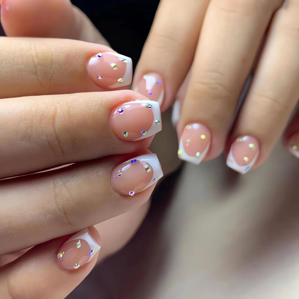 Short French Tip Press On Nails, Nude Pink Acrylic Fake Nails with Rhinestones, Square Full Cover Glue On Nails for Instant Salon Manicure