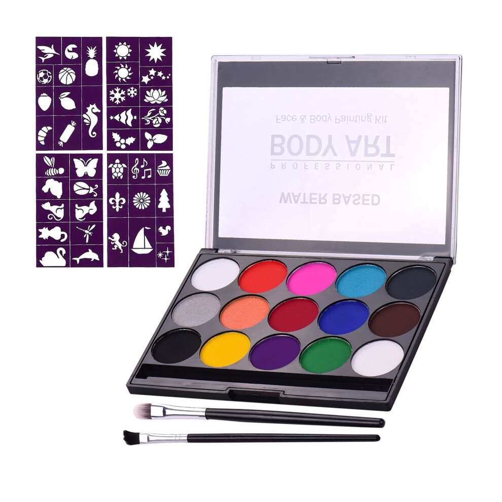 MABOTO 15-Color Face Painting Kit with Brushes & Templates, Water-Based, Removable Body Paints for Costume Parties