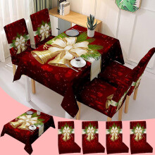 Christmas Table & Chair Covers Set, Bell Pattern, Washable, 4PCS Chair Covers + 1PCS Tablecloth