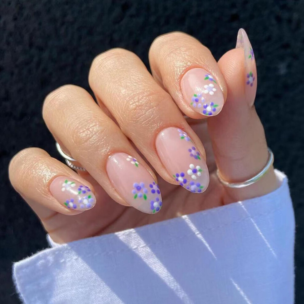 Cream,Purple 24Pcs Almond Press On Nails Set Nude French Tip Fake Nails With Purple Flower Design