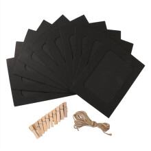 10pcs 6 Inches Paper Photo Frame Retro Kraft Picture Frame Hanging Decorations with String and Clips (Black)