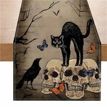 Happy Halloween Table Runner, Pumpkin Skull Print, Compatible with Linen Table Flag, Holiday Party Decoration Tea Flag