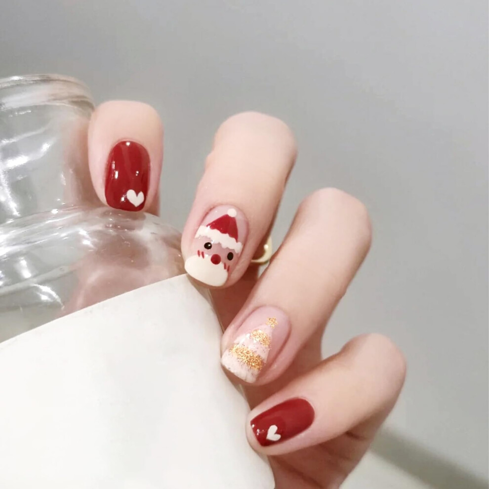 White,Red Christmas Press On Nails Short Square Red And White Santa Claus Fake Nails With Glitter 24Pcs