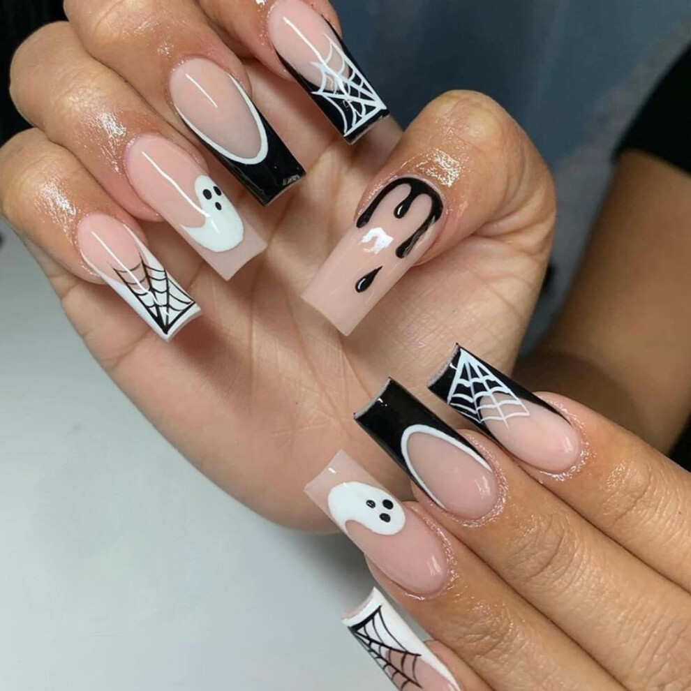 24Pcs Halloween Press On Nails Set, Coffin Full Cover Fake Nails with Spider Web and Ghost Designs