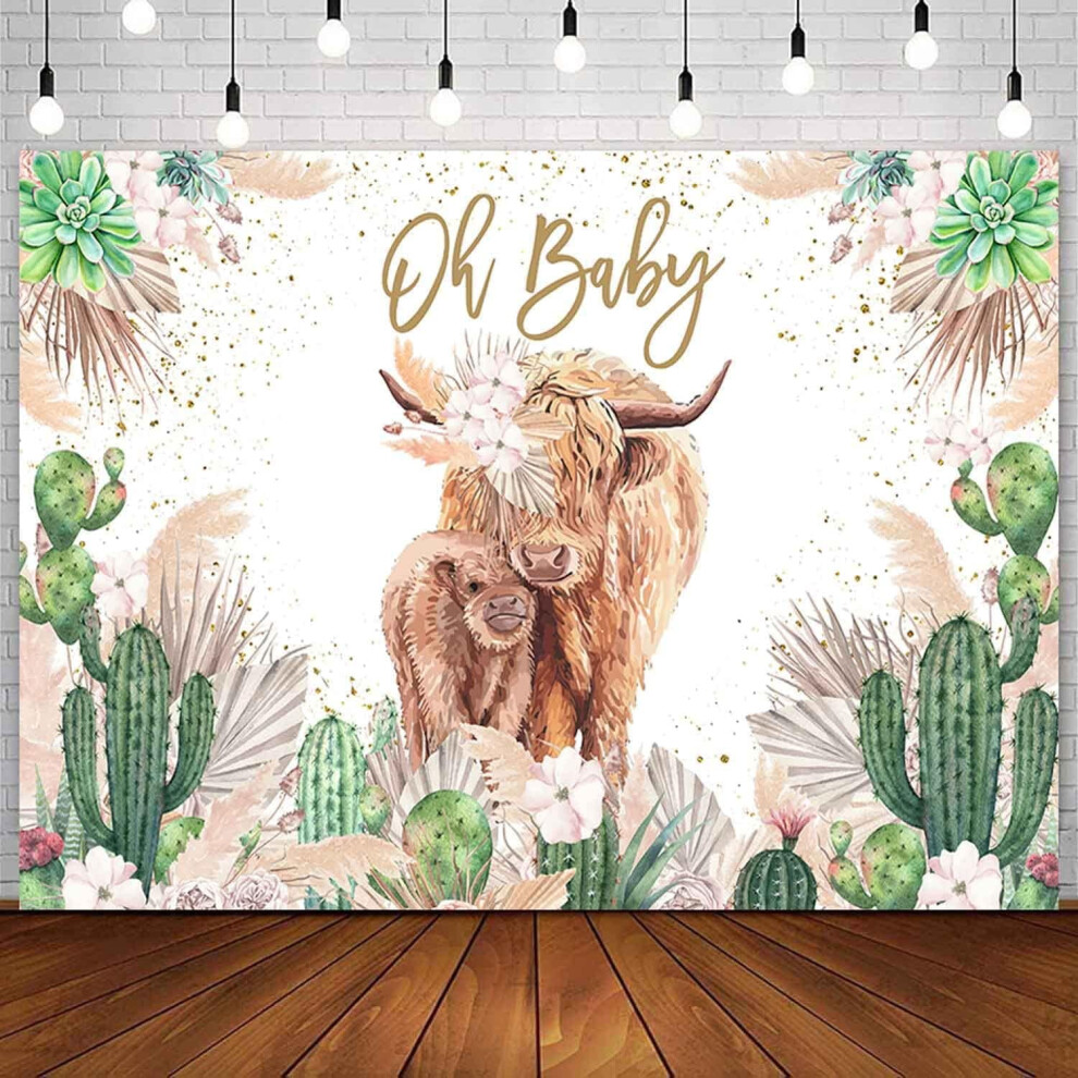 Highland Cow Baby Shower Backdrop, Oh Baby Party Decor For Boy Or Girl, Cactus Pampas Grass Floral Design, Photography Background Banner 9322103939478