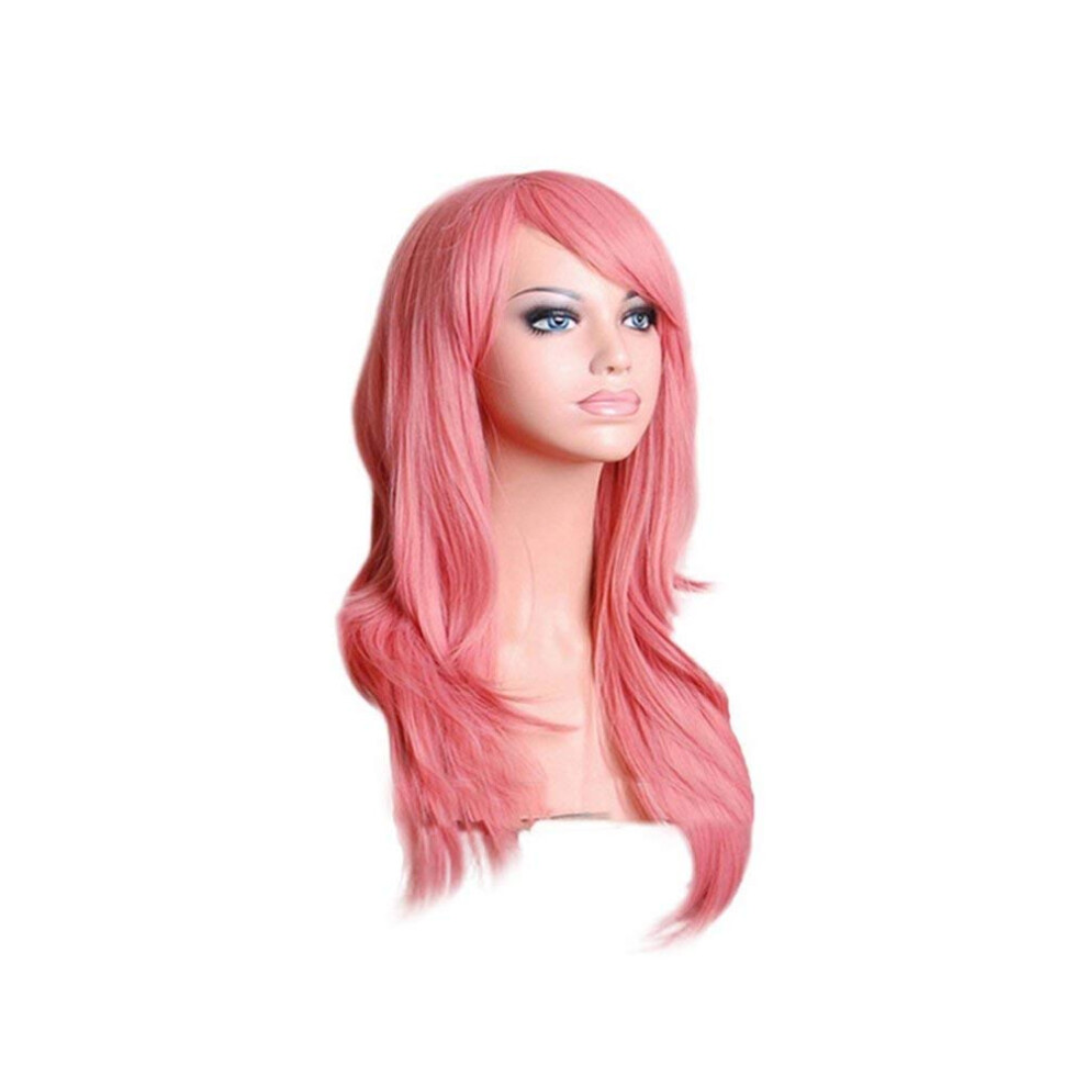 Long Pink Curly Cosplay Wig 28 Inch Heat Resistant Synthetic Hair with Cap for Women