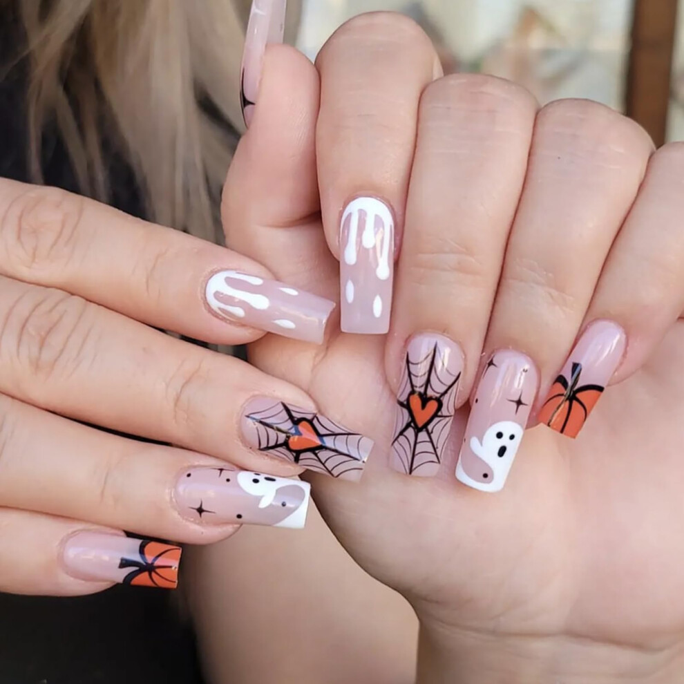 Halloween Press On Nails Set with Acrylic False Tips, 24pcs DIY Spooky Fake Nails for Instant Glam