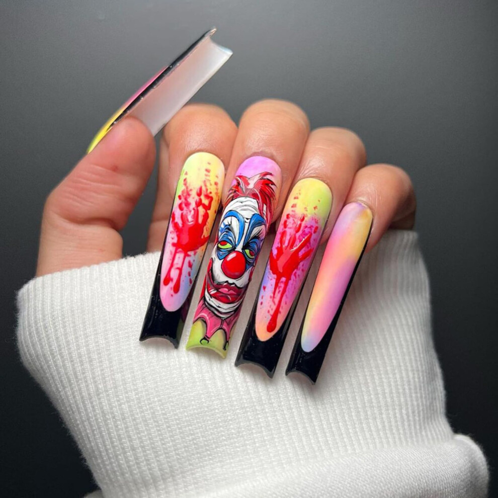 Black Long Square French Tip Press On Nails With Halloween Blood Palm Clown Design Reusable