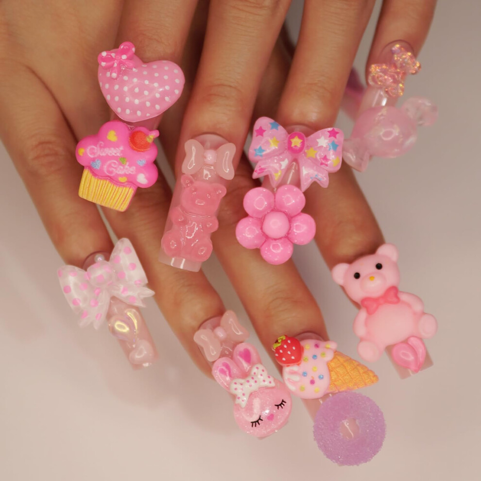 Long Square Pink Press On Nails Glossy Acrylic False Nails with Heart and Flower Design 24pcs