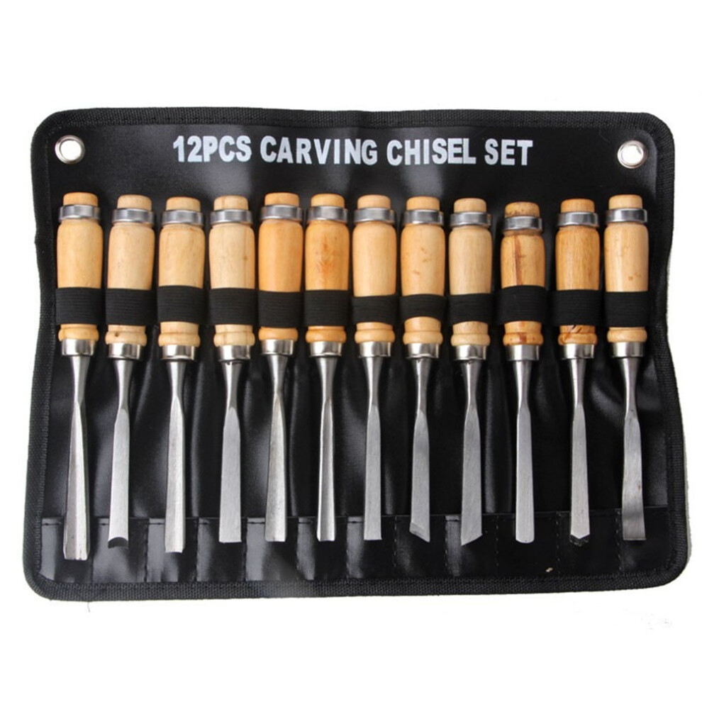12Pcs Steel Wood Carving Hand Chisel Set Woodworking Lathe Gouges Tools 9085618769465