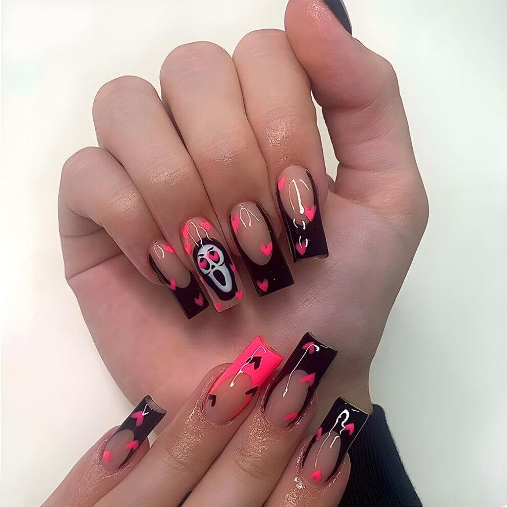 Halloween French Tip Press on Nails Black Skull Fake Nails with Red Heart Medium Acrylic Nail Kit 24Pcs