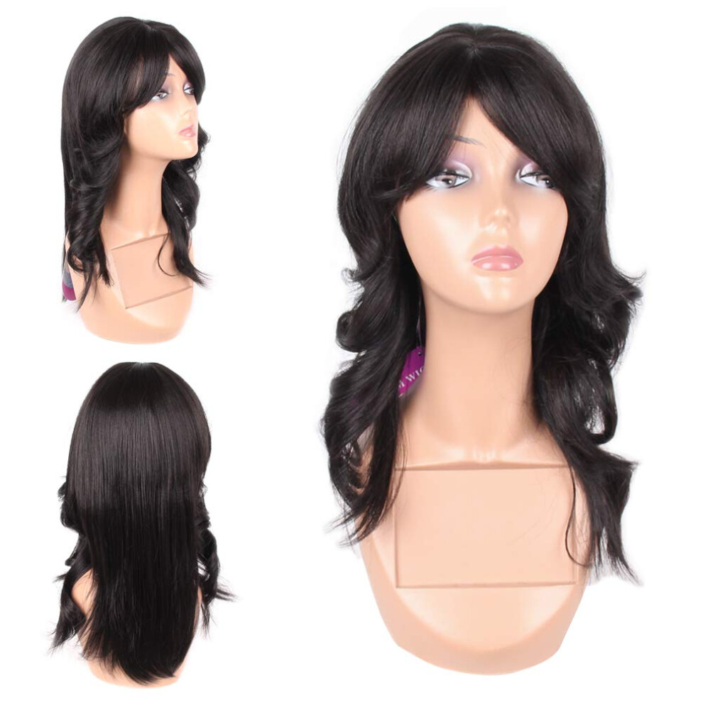 Unisex Black Synthetic Straight Wig With Bangs, Naturallook Japanese Fiber, 18 Inch For Women
