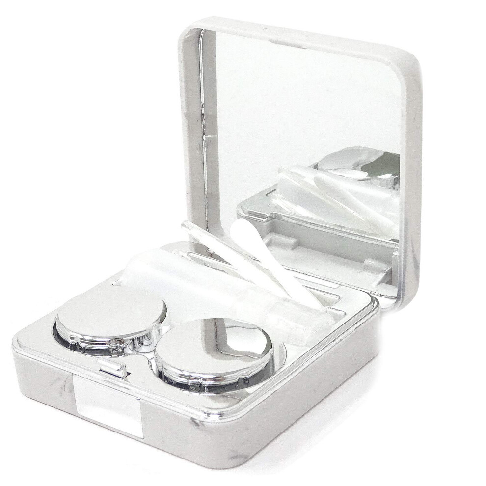 Silver Fashion Marble Contact Lens Case With Builtin Mirror And Accessories Kit, Square Travel Design