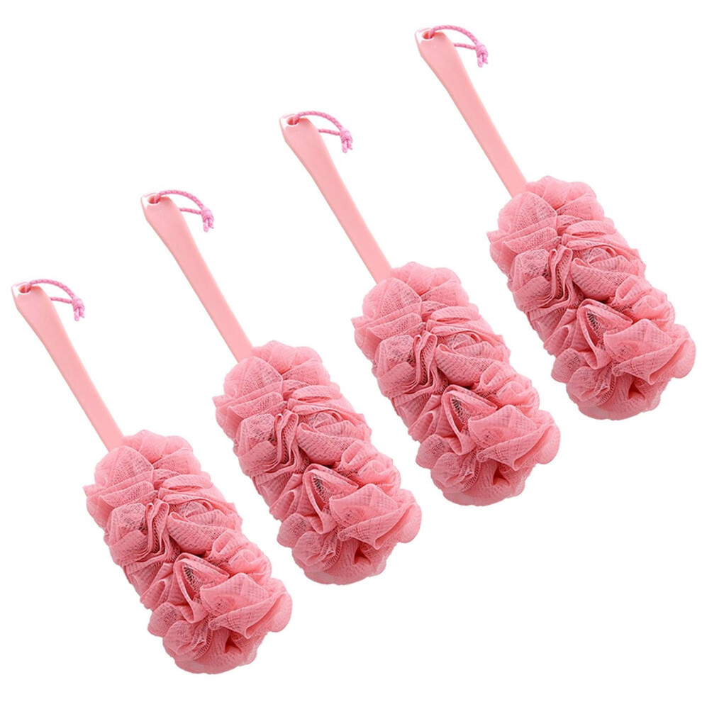Long Handle Bath Brush 4 Pack Pink Back Scrubber with Curved Handle for Gentle Exfoliation