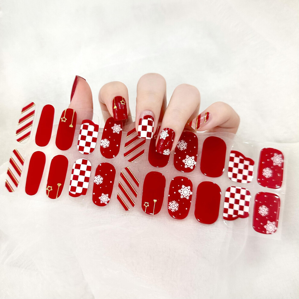 Dark/Red Christmas Gel Nail Wraps Snowflake Semi Cu Stickers Long Lasting Waterproof 22 Strips