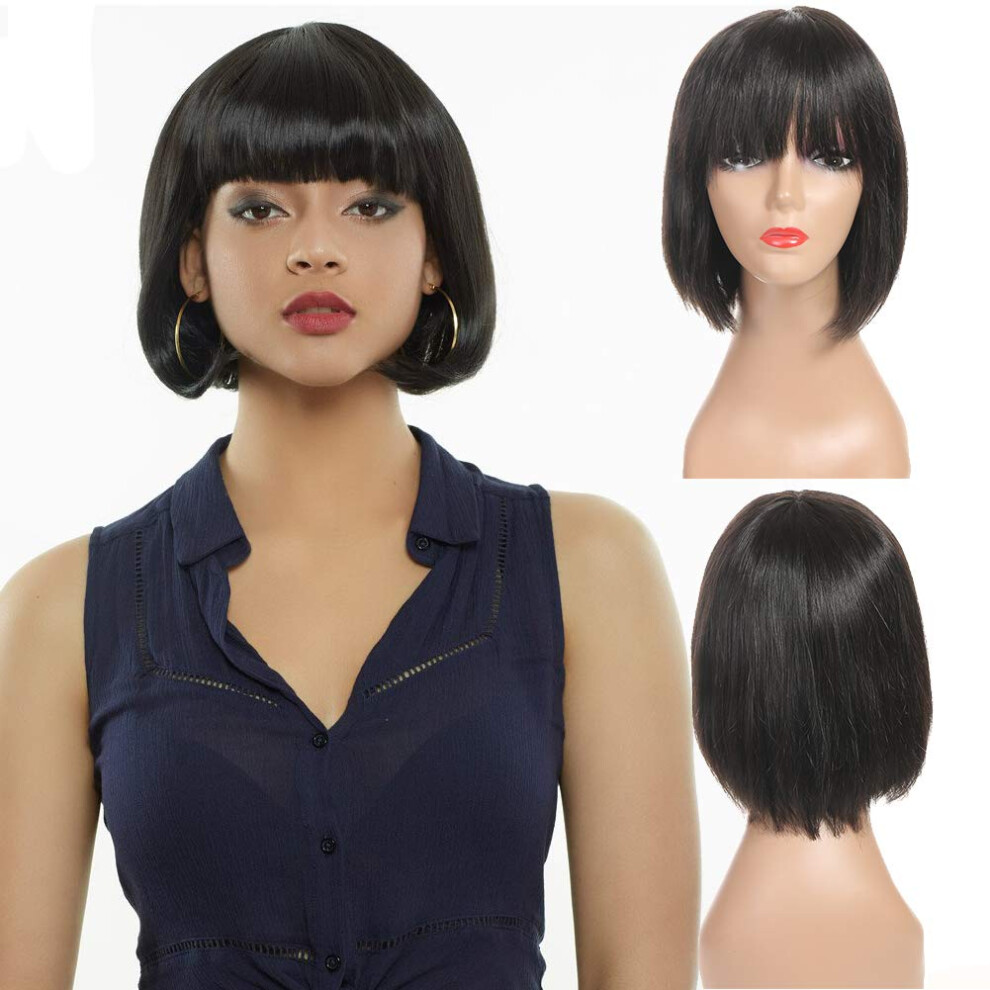 Unisex Human Hair Bob Wig With Bangs Brazilian Virgin Shoulder Length Straight Natural Color