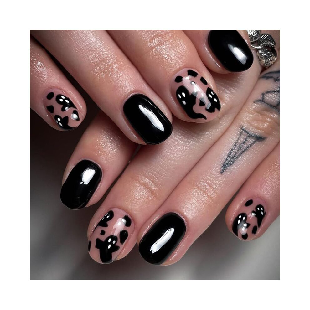 Black Almond Press On Nails With Glue, Gradient Halloween Fake Nails Full Cover Acrylic Tips 24Pcs