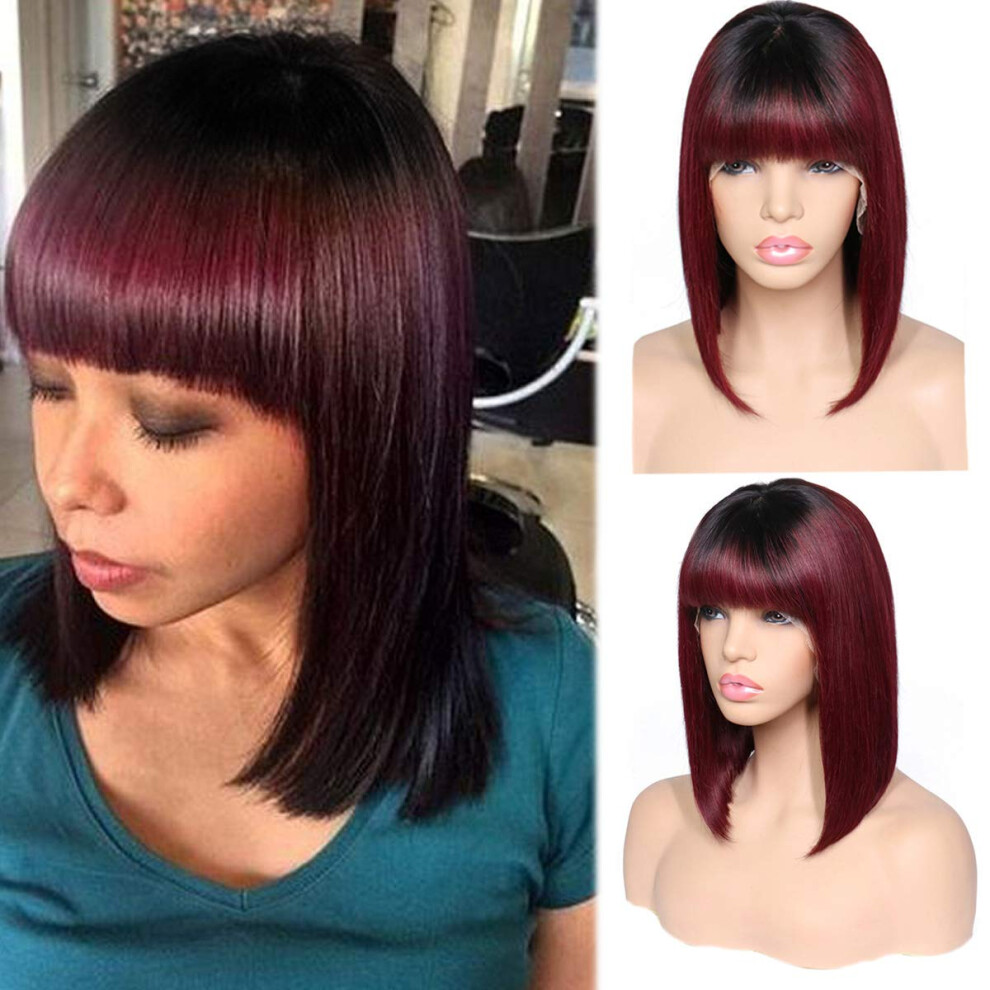 Unisex Human Hair Lace Front Bob Wig With Bangs 12' Ombre 180 Density Silky Straight Natural Hairline