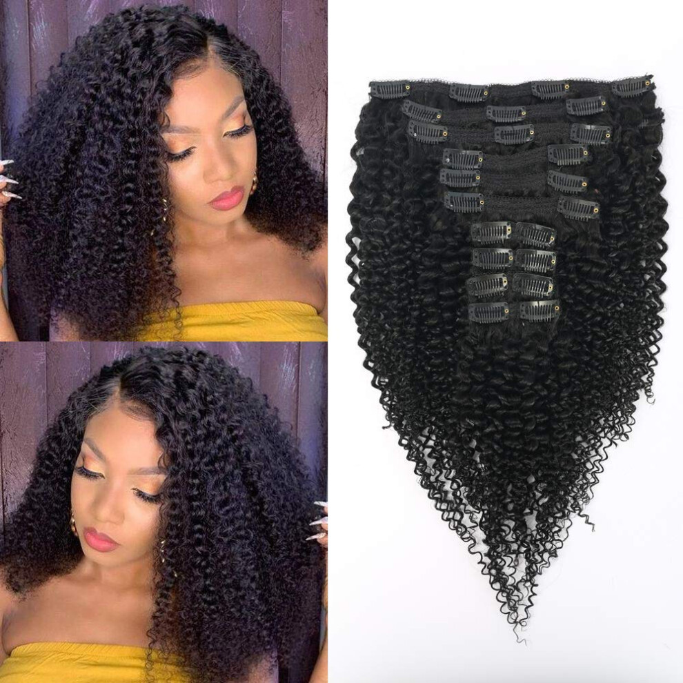 Unisex Black Kinky Curly Clip In Hair Extensions 18 Inch Brazilian Remy Human Hair 3C 4A Natural 10Pcs
