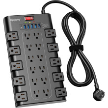 Power Strip, SUPERDANNY Surge Protector with 22 AC Outlets and 6 USB Charging Ports, 1875W/15A, 2100 Joules, 6.5Ft Flat