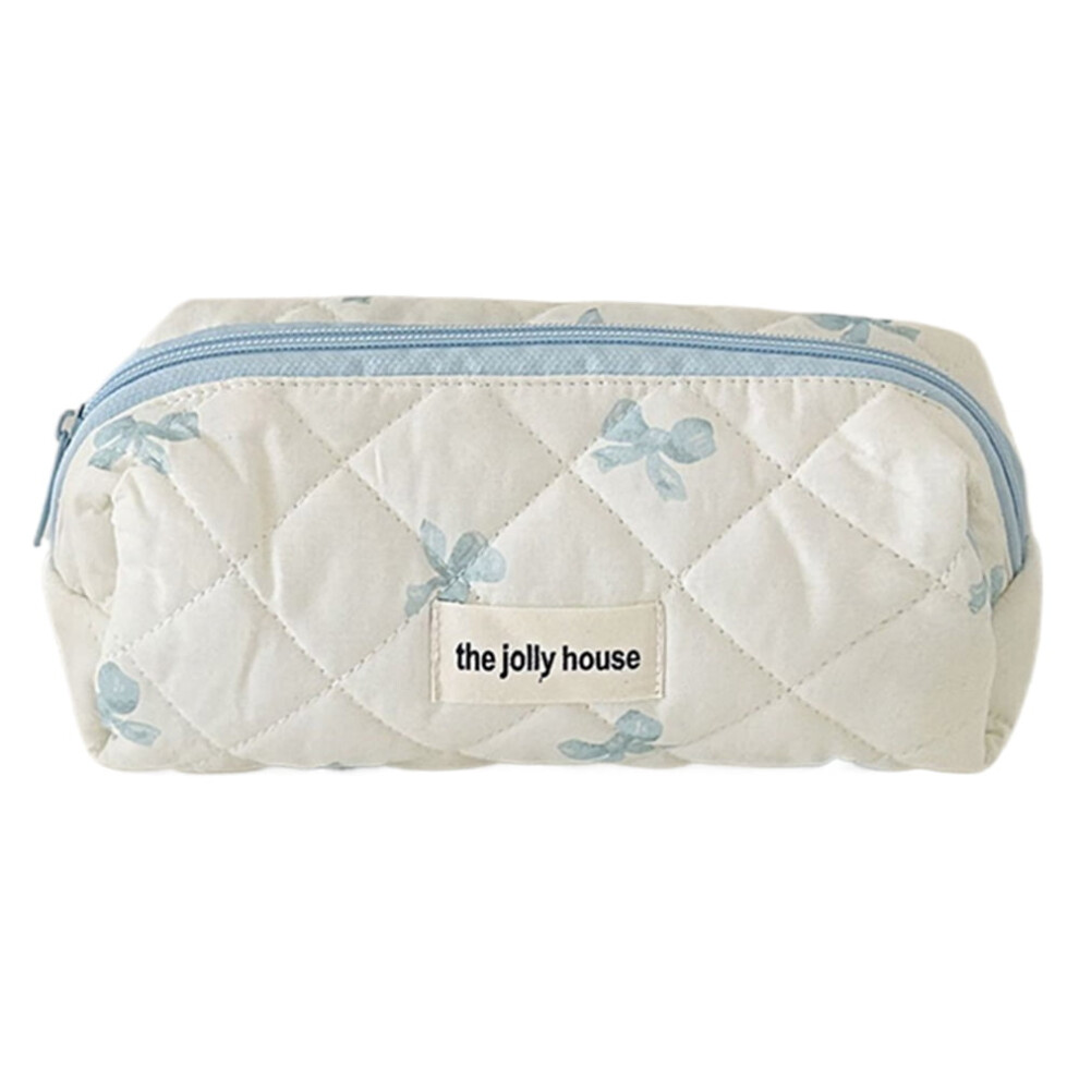 Cute Bow Makeup Bag Cotton Quilted Cosmetic Bag Toiletry Bag for Women and Girls Blue S