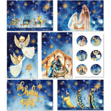 AnyDesign 36 Pack Christmas Greeting Cards Blue Gold Nativity Scene Note Cards with Envelopes Stickers Holy Night Blank Cards, 4 x 6 Inch