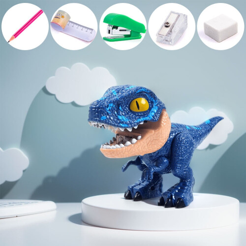 5 In 1 Dinosaur Stationery Set compatible with Velociraptor: Ruler, Pencil, Sharpener, Stapler, Eraser - Multi-Function Student Kit 2