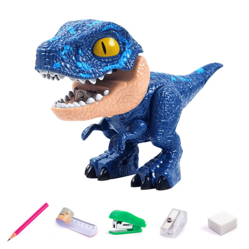 5 In 1 Dinosaur Stationery Set compatible with Velociraptor: Ruler, Pencil, Sharpener, Stapler, Eraser - Multi-Function Student Kit