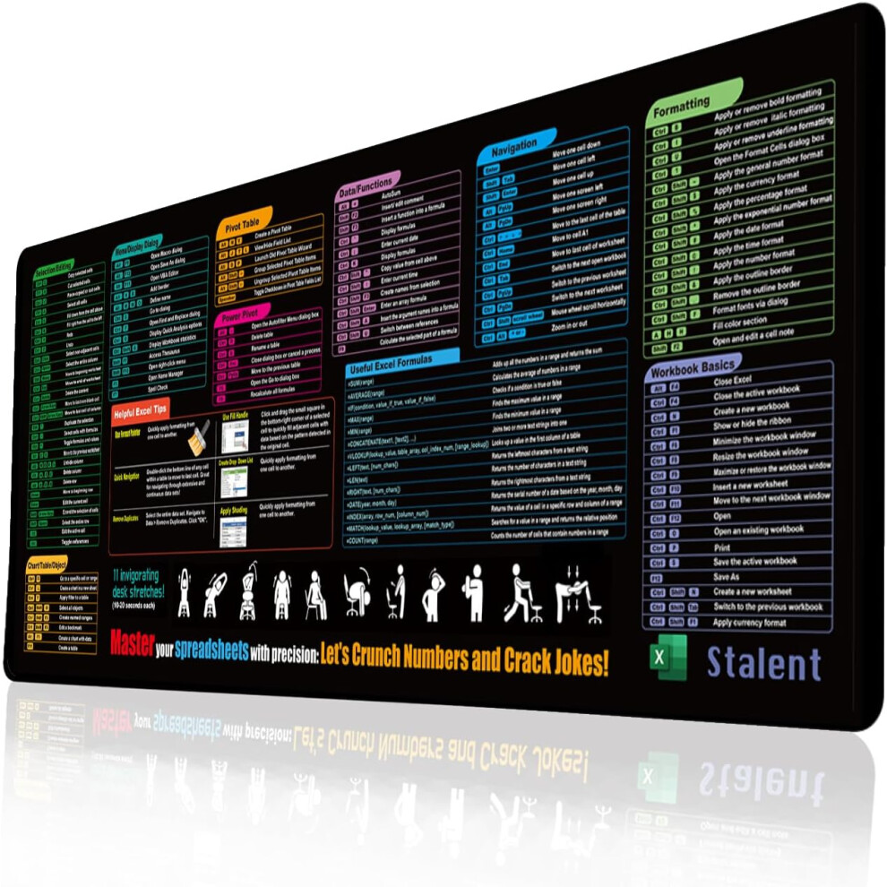 Excel Cheat Sheet Desk Mat 31.5"X11.8" Updated Shortcuts Mouse Pad For Pc & Office - Non-Slip, Stitched Edges, Gaming & Work Gift 9557311192159