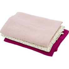 Set of 3 Bamboo Muslins - DOMIVA - 1 Printed + 2 Plain - Grenadine Pink - 60x60 cm