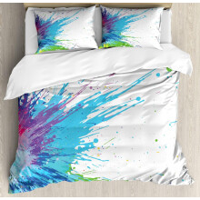 Abstract Duvet Cover, Grunge Paint Splashes on Tainted Backdrop, 3 Pcs Set with 2 Pillowcases, White Aqua – compatible with standard sizes