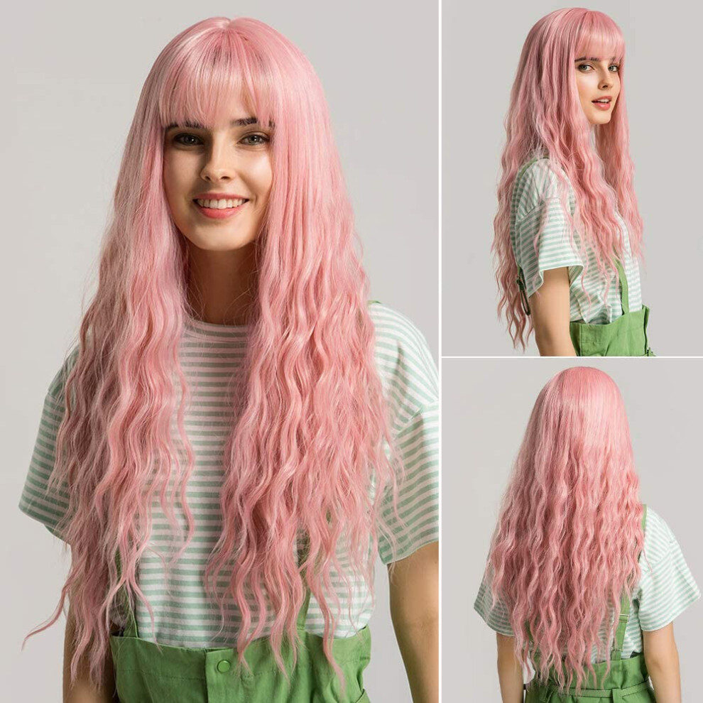 Unisex Pink Long Wavy Synthetic Wig With Bangs For Women, Heat Resistant, Natural Scalp Look
