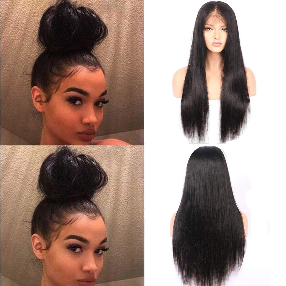 Unisex 360 Lace Frontal Wig Brazilian Virgin Human Hair 24 Inch Pre Plucked Bleached Knots 150% Density Natural Straight