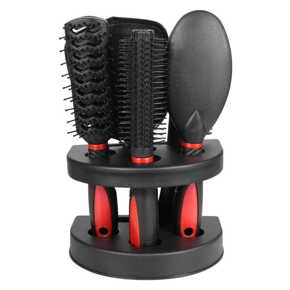 5 Piece Hair Brush and Comb Set with Mirror and Stand, Black and Red Styling Kit for Women and Men