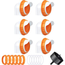 6-Port Automatic Poultry Feeder with Stopper & Hole Saw, Weatherproof Gravity Chicken Feeder Kit for Buckets, Barrels, Bins, Troughs (Orange)
