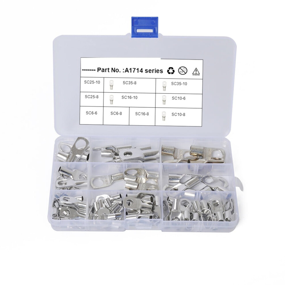 Mizh 90 Pcs Bolt Hole Tinned Copper Terminals Cable Lugs Battery Sc Ring Terminals Connectors Assortment Kit 9338982158800