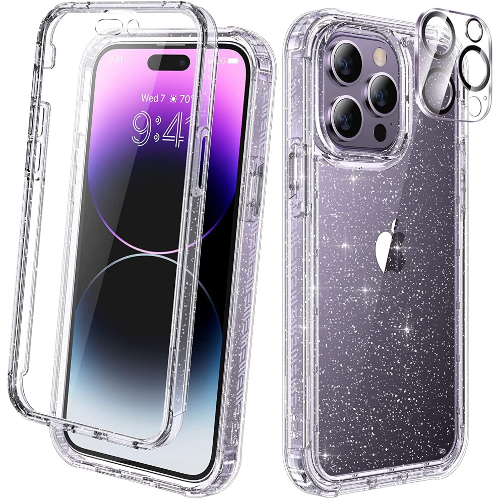 Diaclara Compatible With Iphone 14 Pro Case 6.1'', 2023 Upgraded Rugged Full Body Case W/Built-In Screen & 9H Camera Lens Protector (Clear Glitter) 9499224714571